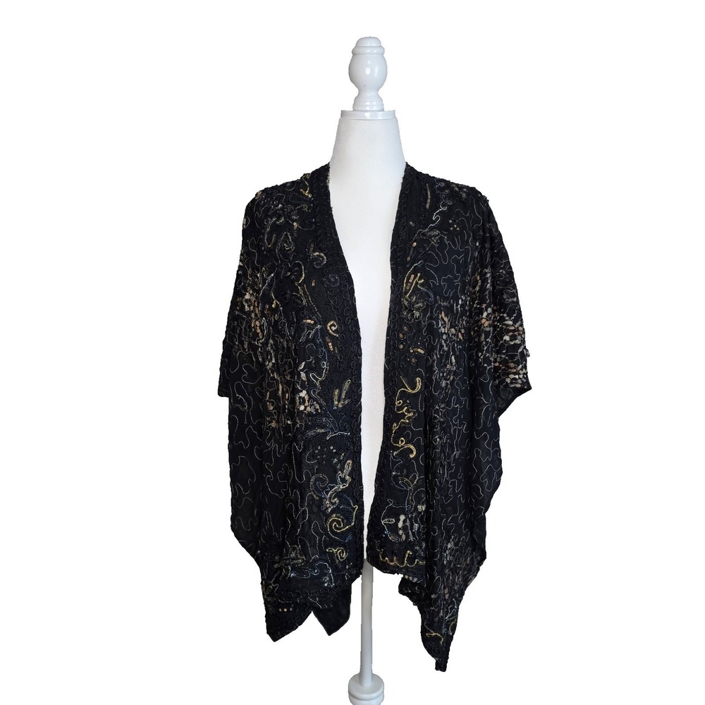 Chico's Kimono Wrap Women One Size Black Gold Embroidered Sequin Sheer Boho Chic - Picture 2 of 14
